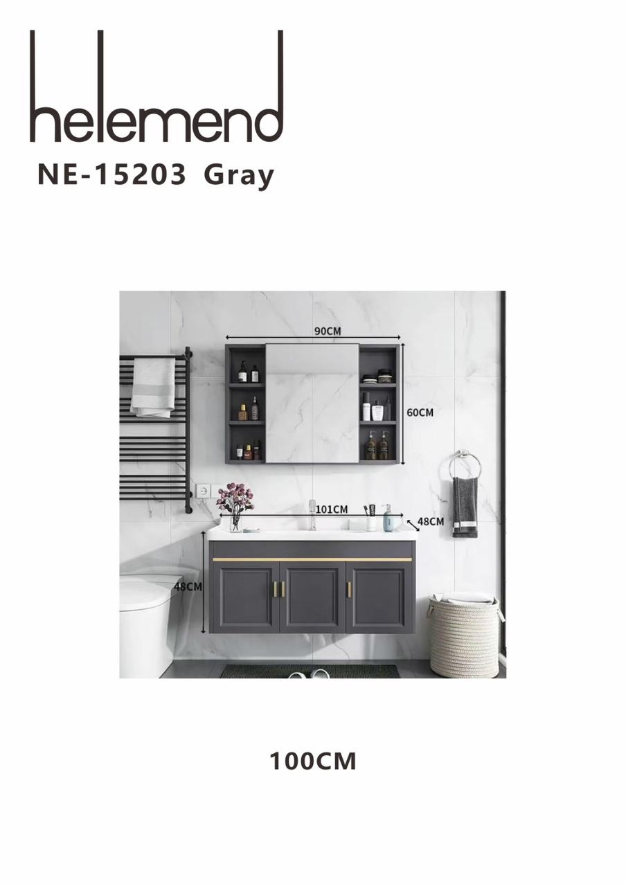 Helemend NE-15203 Gray Wall Mounted Bathroom Vanity Cabinet Set with Mirror โ 100CM Modern Wash Basin Unit