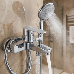 Lenzo Modern Chrome Bath Mixer Tap Set with Handheld Shower – Wall Mounted Bathroom Faucet